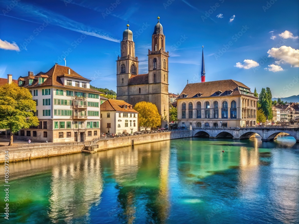 Fototapeta premium A stunning panorama of Zurich's Grossmünster overlooking the tranquil Limmat River.