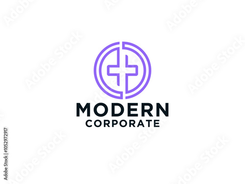 Medical Logo Healthcare Symbol. White Cross Sign Negative Space with Medicine Icon Linked with Circle Globe Origami Style.