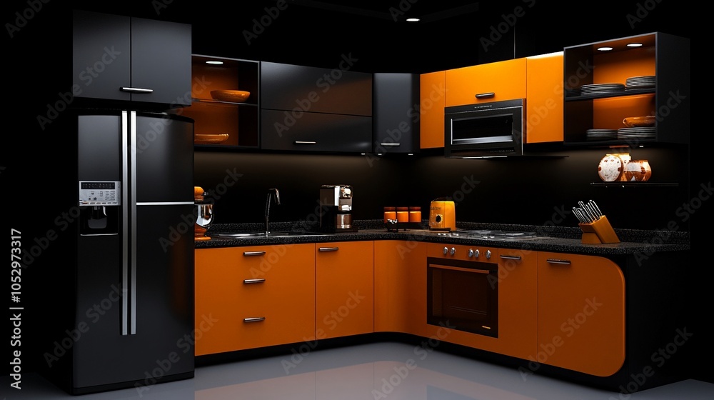 Modern Kitchen Design: A sleek and stylish kitchen interior with black and orange cabinetry, showcasing a modern aesthetic and functional design. Modern Kitchen Design: A sleek and stylish kitchen interior with black and orange cabinetry, showcasing a modern aesthetic and functional design.