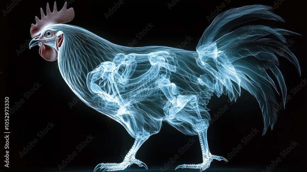 A rooster with a translucent, blue, anatomical rendering of its skeleton and musculature, rendered in a 3D style.