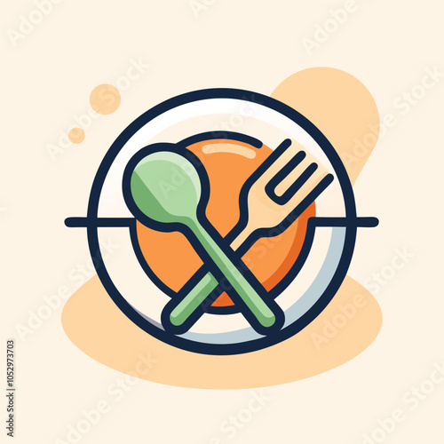 A simple cartoon illustration of a plate, fork, and spoon.
