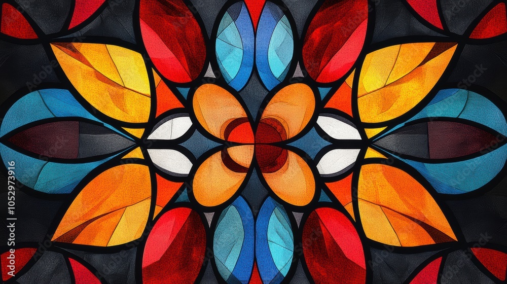 Vibrant Symmetrical Stained Glass Design, intricate patterns, bold colors, artistic inspiration, captivating visual harmony