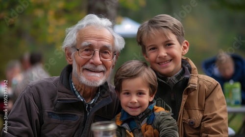 Smiling Grandfather with Grandchildren in Autumn