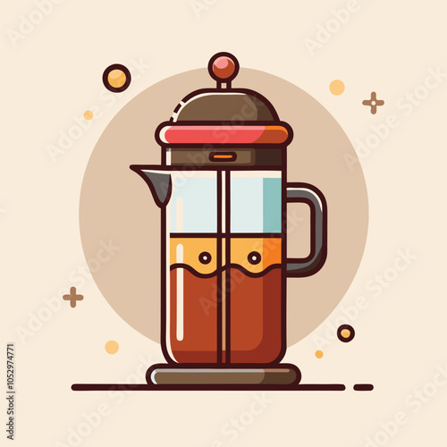 A classic french press coffee pot with a bold, red accent on the lid, against a beige background. 