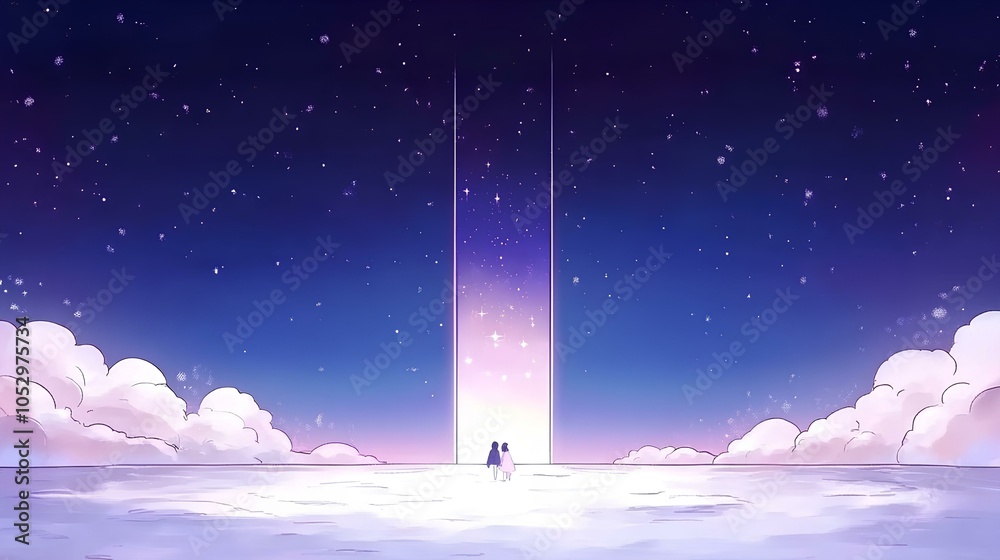 Naklejka premium A dreamlike journey towards the celestial gateway two figures stand in awe beneath a starry sky filled with possibilities