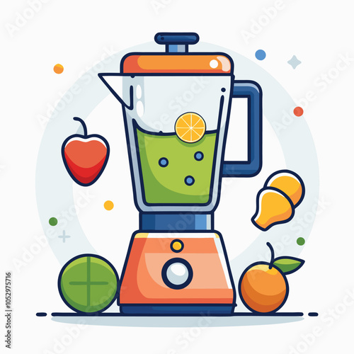 A colorful illustration of a blender filled with green smoothie and surrounded by fresh fruits.
