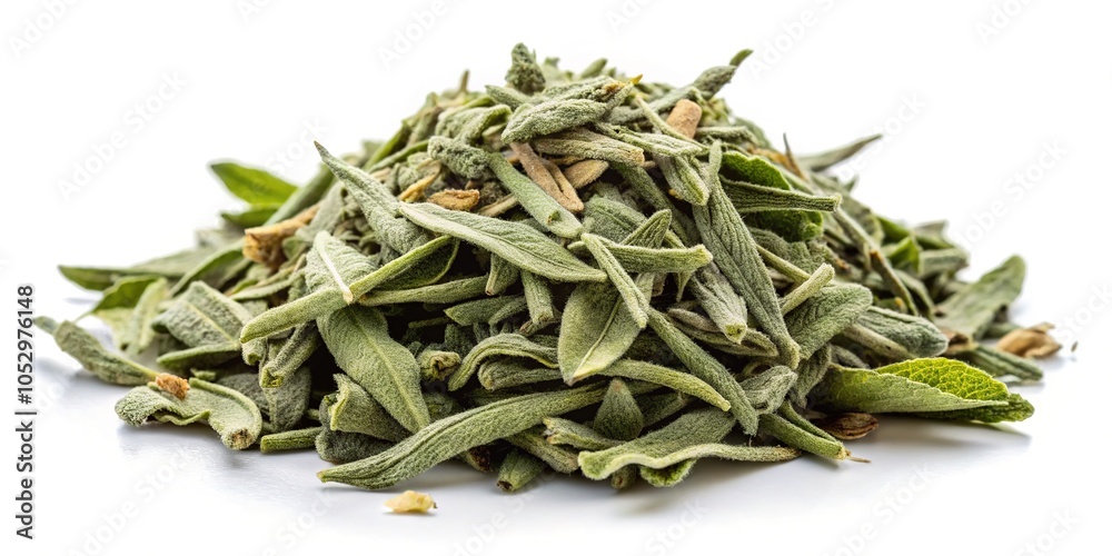 Chopped dried sage isolated on a clean white background. A versatile herb for culinary and herbal uses, ideal for stock photography focused on natural ingredients. Chopped dried sage isolated on a clean white background. A versatile herb for culinary and herbal uses, ideal for stock photography focused on natural ingredients.