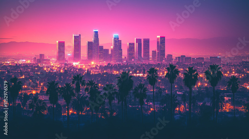 Los Angeles cityscape at dusk with neon pink sky and palm trees