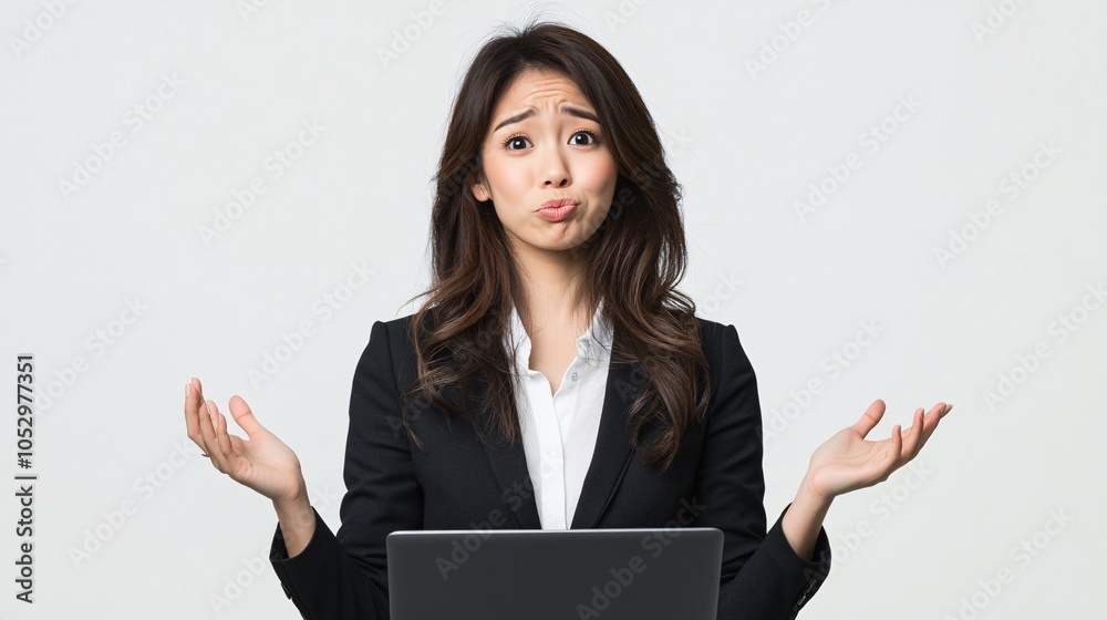 Overwhelmed Business Woman with Laptop Expression Overwhelmed Business Woman with Laptop Expression