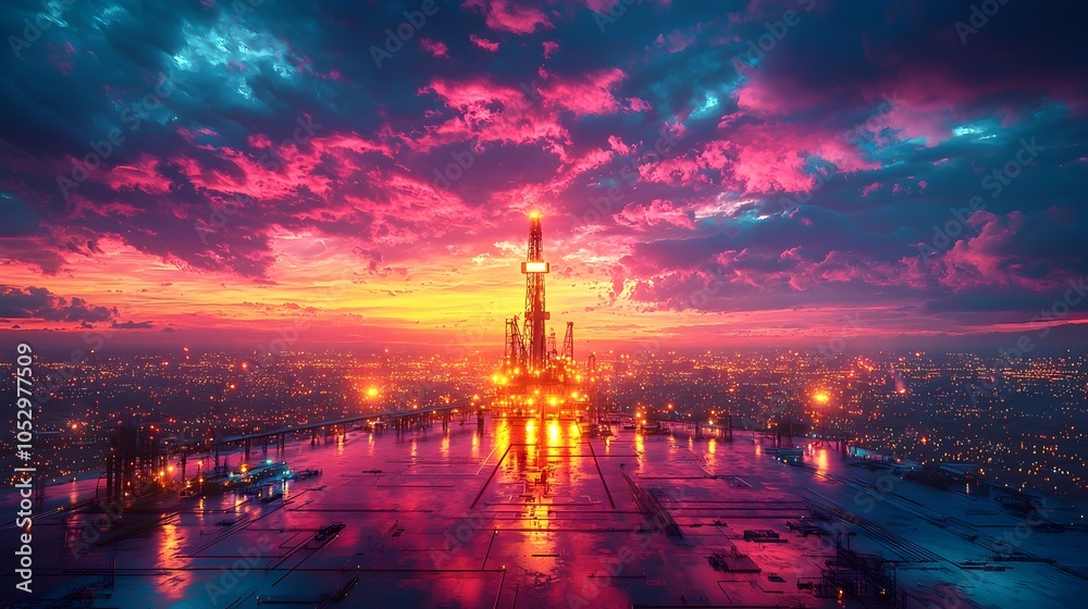 Naklejka premium Holographic overlays display real time drilling progress and data on an oil rig in the Middle Eastern desert at sunrise
