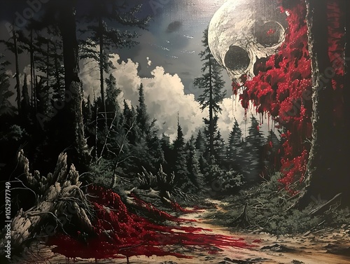 Blood Moon in the Dark Forest: A Surreal Landscape Painting photo