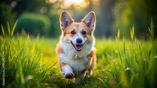 Corgi Running on Green Grass - Macro Photography