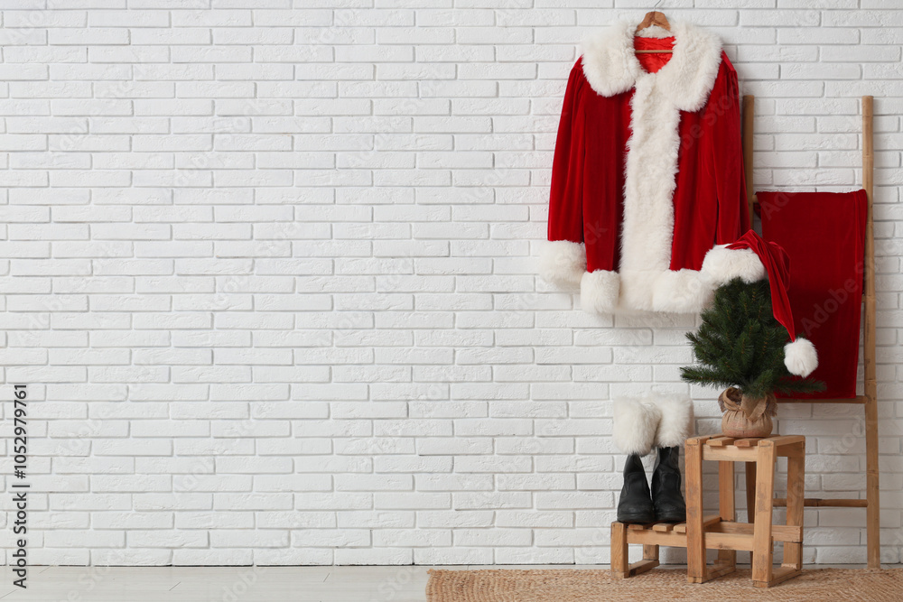 Obraz premium Hanger with Santa Claus costume, ladder with sack, fir tree and boots near white brick wall