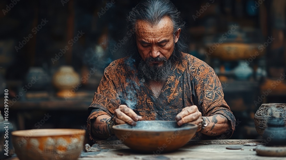 A bearded man in a patterned robe, with dirt on his hands, gazes at a ceramic bowl on a wooden table. A bearded man in a patterned robe, with dirt on his hands, gazes at a ceramic bowl on a wooden table.