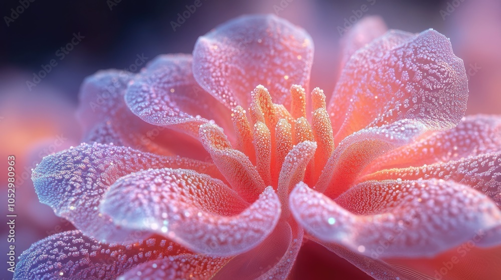 Close-up of a delicate pink flower with dew drops on its petals.