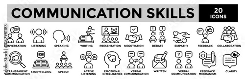 Communication skills icon collection set.Containing conversation,negotiation,speech,presentation,debate icon.Simple line vector illustration.