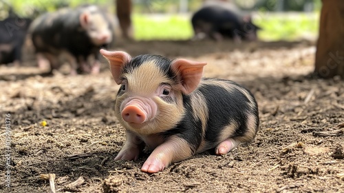 The cutest baby pig with an adorable expression, featuring soft pink fur, small snout, and tiny ears, capturing the innocence and charm of this playful piglet, ideal for themes of joy, innocence,  photo