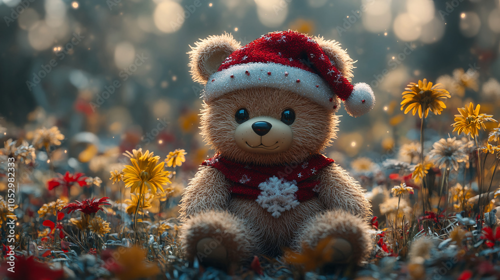 Fototapeta premium Christmas teddy bear wearing santa hat with christmas tree and gift box background