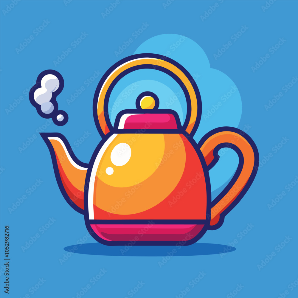 Obraz premium A cartoon illustration of a teapot with steam coming from the spout. The teapot is orange and pink and has a blue background.