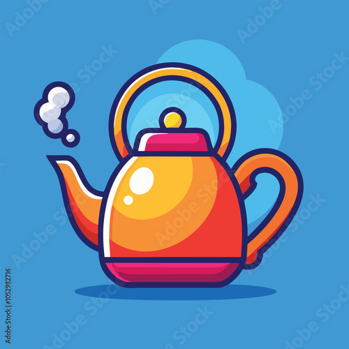 A cartoon illustration of a teapot with steam coming from the spout. The teapot is orange and pink and has a blue background.