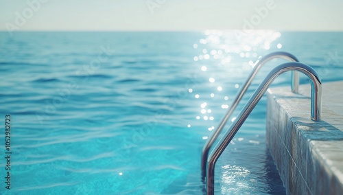 Close up of a pool ladder leading into the sparkling blue water.