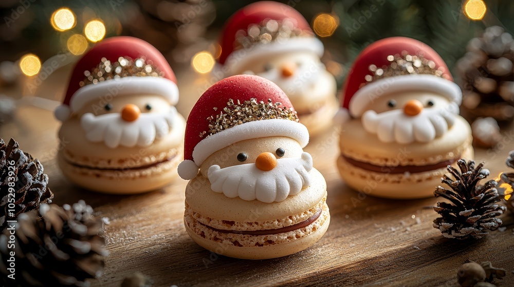 Fototapeta premium Christmas Santa macarons, fluffy beards, red hats, festive dessert with pine cones and Christmas lights, wooden table background, food styling, isolated on white background