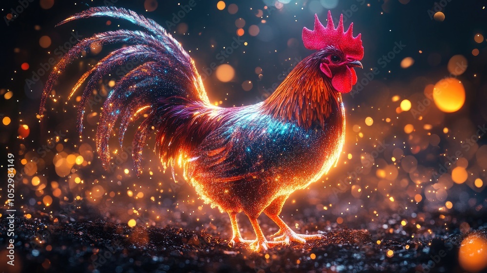 Fototapeta premium A rooster with iridescent feathers stands in front of a sparkling background.