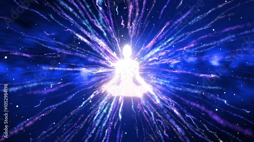 silhouette of a person standing glowing with particle effects and abstract galaxy background