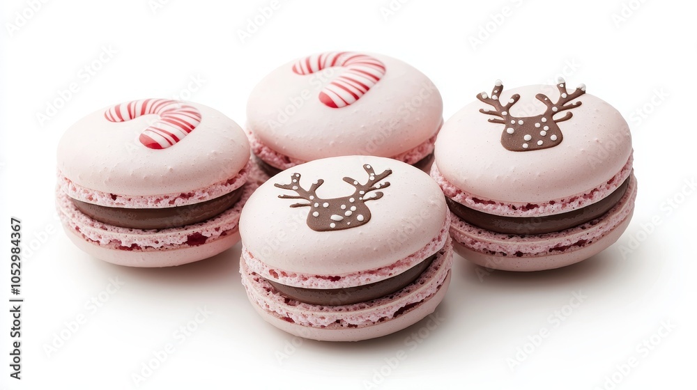 Christmas-themed macarons, reindeer and candy cane decor, close-up, cozy holiday vibe, isolated on white background Christmas-themed macarons, reindeer and candy cane decor, close-up, cozy holiday vibe, isolated on white background