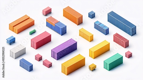 2410_101.isometric cargo container collection, vibrant primary colors, 3d vector graphics, shipping industry icons, clean geometric shapes, white background, various container types and sizes