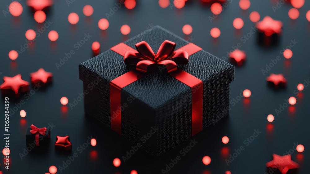 A stylish black gift box adorned with a red ribbon and bow, surrounded by festive red stars and lights, perfect for holiday celebrations. A stylish black gift box adorned with a red ribbon and bow, surrounded by festive red stars and lights, perfect for holiday celebrations.