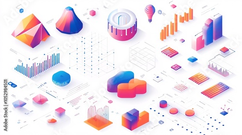 2410_024.modern data visualization set, isometric vector icons, bright color blocking, simplified 3d charts, tech company branding elements, geometric abstract forms, clean lines and shapes,