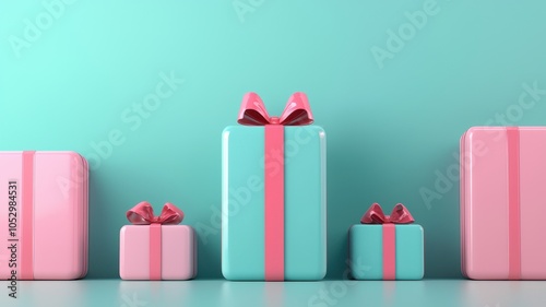 A colorful display of gift boxes in varying sizes, featuring pink and blue wrapping and bows, set against a bright turquoise background.