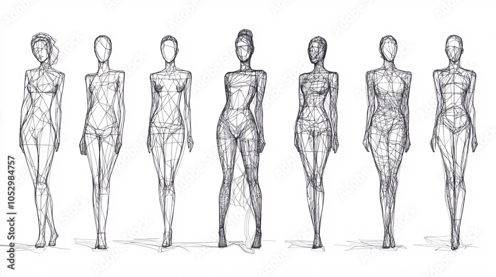 2410_079.retail display mannequin set, clothing shop dummy illustrations, geometric human forms, outline drawing technique, white background 2410_079.retail display mannequin set, clothing shop dummy illustrations, geometric human forms, outline drawing technique, white background
