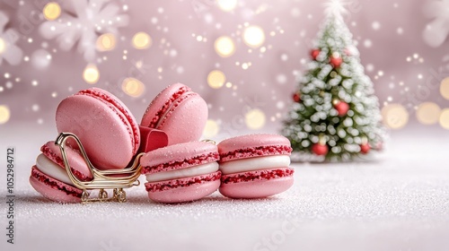 Christmas-themed macarons shaped like Santa Claus, adorned with glitter, candy canes and peppermint bark, flat lay photography, isolated on white background photo