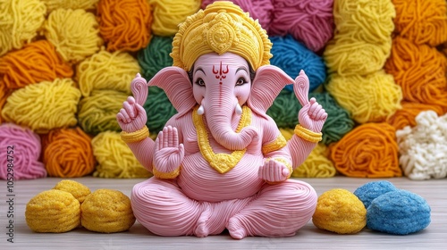 Pink Ganesh Statue with Colorful Yarn Background Hindu Deity Indian Culture Religious Symbol photo