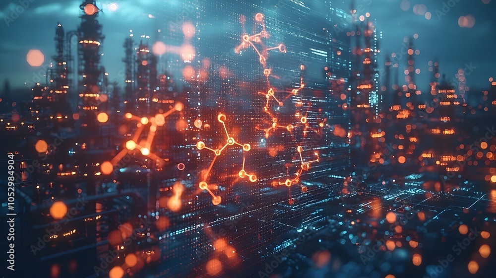 Obraz premium A stunning futuristic image of a holographic representation of carbon dioxide molecules floating in the air set against the backdrop of a modern eco friendly city skyline
