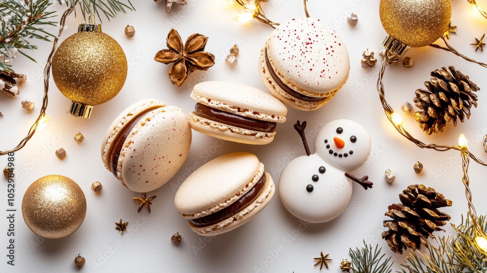 Christmas-themed macarons with snowmen and festive decorations, surrounded by holiday lights and garlands, flat lay, isolated on white background