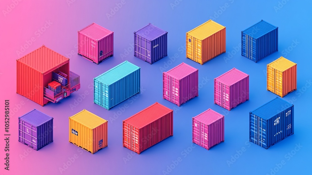 Obraz premium 2410_102.colorful freight container set, isometric perspective, bold hues, industrial transportation symbols, simplified 3d models, crisp outlines, logistics and trade illustration, minimalist design