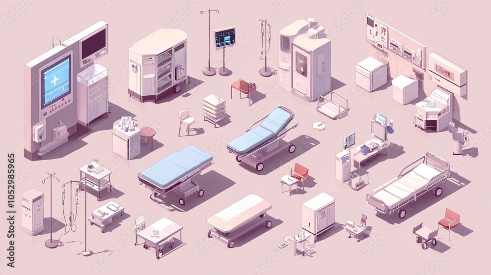 Obraz premium 2410_037.comprehensive medical facility isometric set, healthcare equipment and personnel, soft color scheme, 3d vector art, hospital department illustrations, diverse medical scenarios, clean