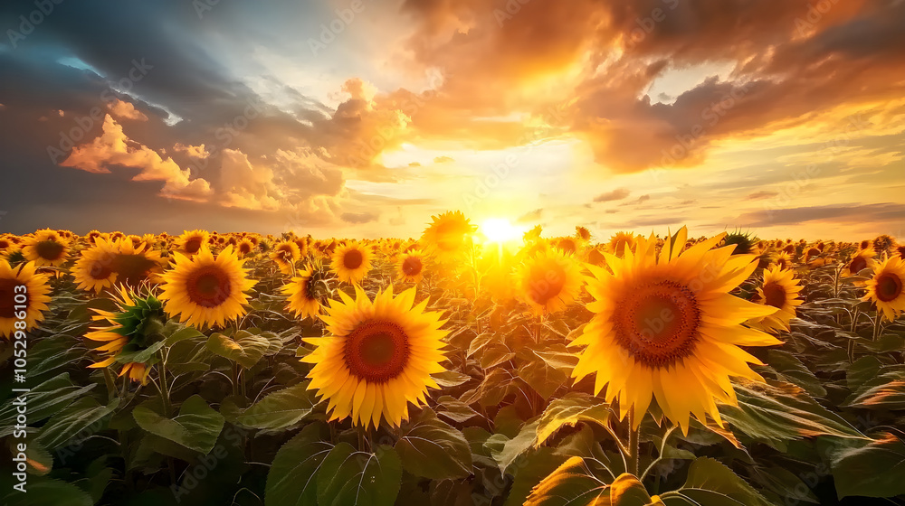 Fototapeta premium A vibrant sunflower field blending into a sunset sky with dramatic clouds