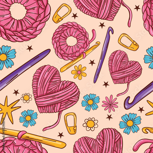 Seamless knitting motif with yarn hearts and flowers