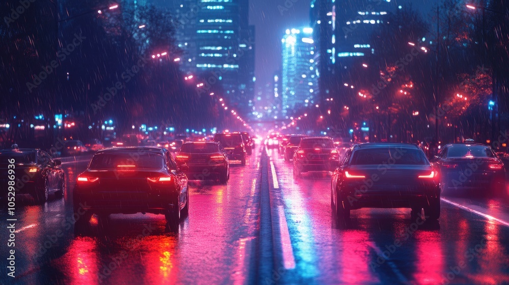 A wet city street at night with neon lights reflecting in puddles and cars driving through the rain. A wet city street at night with neon lights reflecting in puddles and cars driving through the rain.