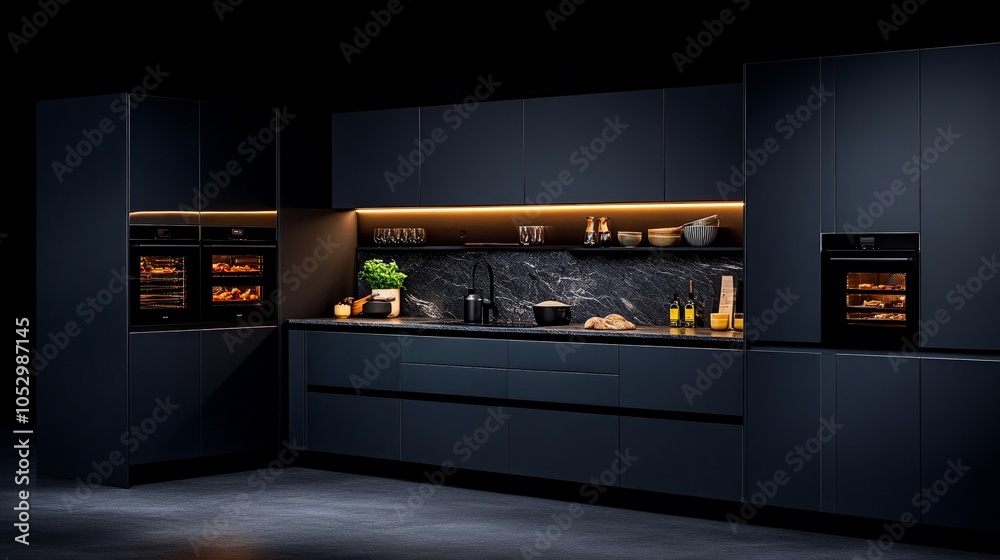 Sleek Dark Kitchen Design: Modern Dark Grey Built-in Oven and Countertop Design with Warm Lighting Sleek Dark Kitchen Design: Modern Dark Grey Built-in Oven and Countertop Design with Warm Lighting