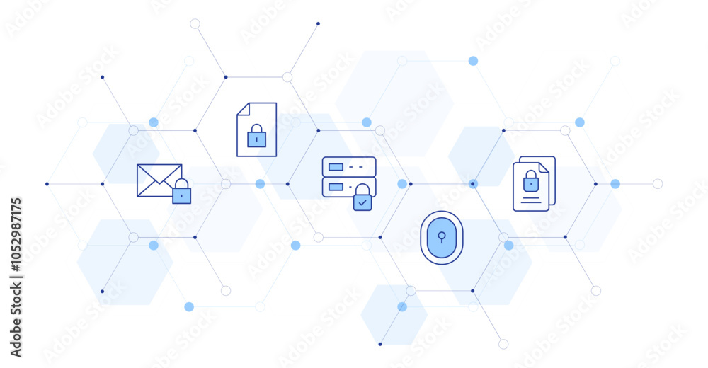 Lock Banner Vector Illustration with Icon Style in Between. Line Duotone icon. Containing envelope, file, lock, server Lock Banner Vector Illustration with Icon Style in Between. Line Duotone icon. Containing envelope, file, lock, server