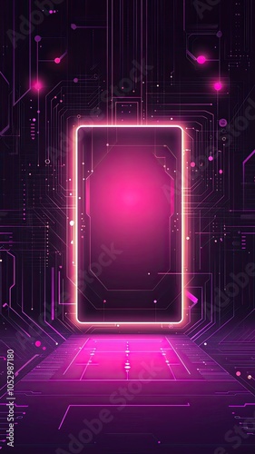 Neon Gateway to Innovation: Abstract digital art depicting a vibrant pink neon rectangle, reminiscent of a portal or gateway, set against a backdrop of intricate circuit board patterns. photo