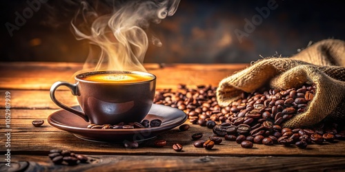 In a snug environment, a steaming cup of coffee sits on a wooden table, exuding warmth and inviting moments of tranquility and bliss.