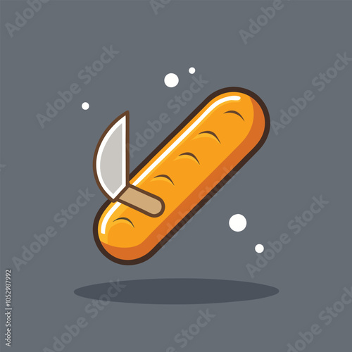 A cartoon illustration of a loaf of bread with a knife sticking out of it.