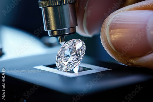 Gemologist examining lab-grown diamond with digital equipment in a high-tech laboratory, conducting quality grading, analysis, and certification process for gemstone precision and jewelry standards. photo