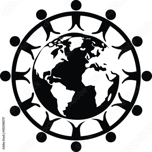 People Around the World Icon – Group of Figures Standing Around Planet Earth Silhouette on White Background.